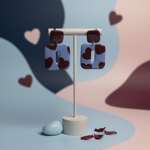Moderne Statement-Ohrringe in Pastellblau mit bordeauxfarbenem Herzmotiv und glänzender Oberfläche, präsentiert an einem hellen Schmuckständer vor einem abstrakten Hintergrund in Blau- und Rosétönen mit Herzdetails.