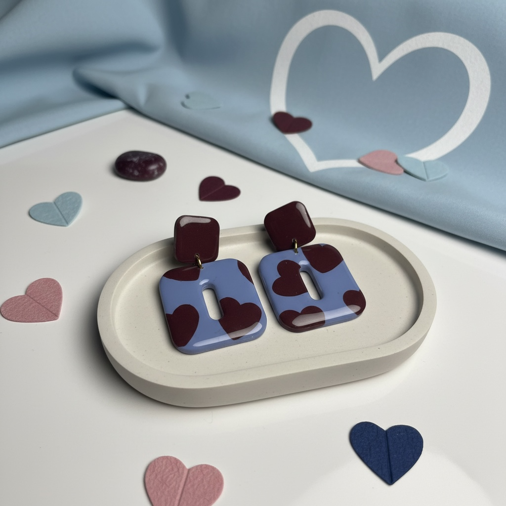 Paar moderne Statement-Ohrringe in Pastellblau mit bordeauxfarbenem Herzmotiv und glänzender Oberfläche, arrangiert auf einer hellen ovalen Ablage, umgeben von dekorativen Papierherzen auf hellem Hintergrund.