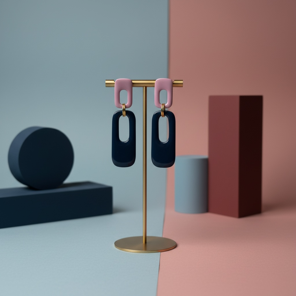 Hochwertige Statement-Ohrringe in Blau und Rosé auf minimalistischem Schmuckständer