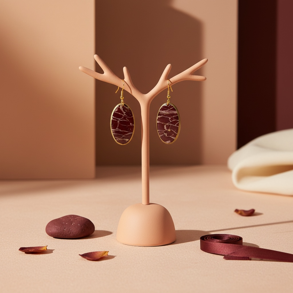 Elegante, ovalförmige Hängeohrringe in Bordeaux mit goldenen Akzenten
