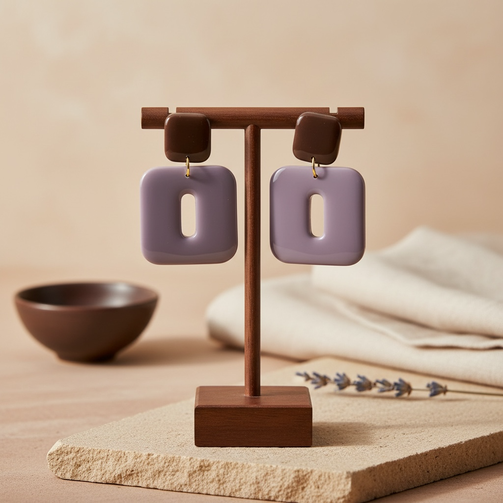 Handgemachte geometrische Retro Statement Ohrringe in Flieder und Schoko