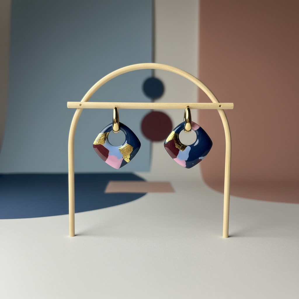 Zwei moderne Statement-Ohrringe mit goldfarbenen Creolen, abstraktem Design in Navyblau, Rosé und Bordeaux sowie goldenen Akzenten, arrangiert auf einem hellblauen Teller mit dekorativen Rosenblättern.